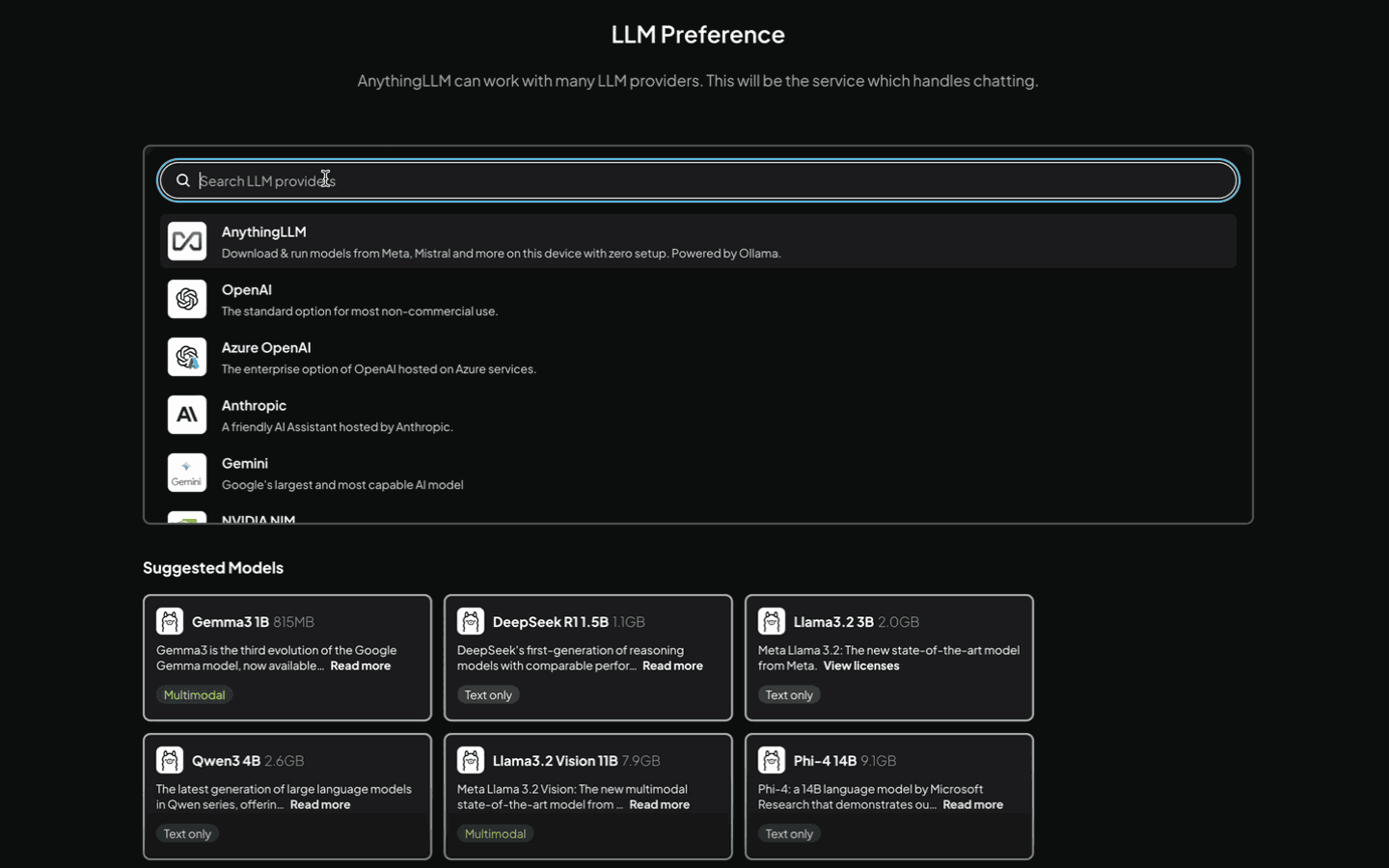 Methodius AI settings page showing LLM provider selection interface